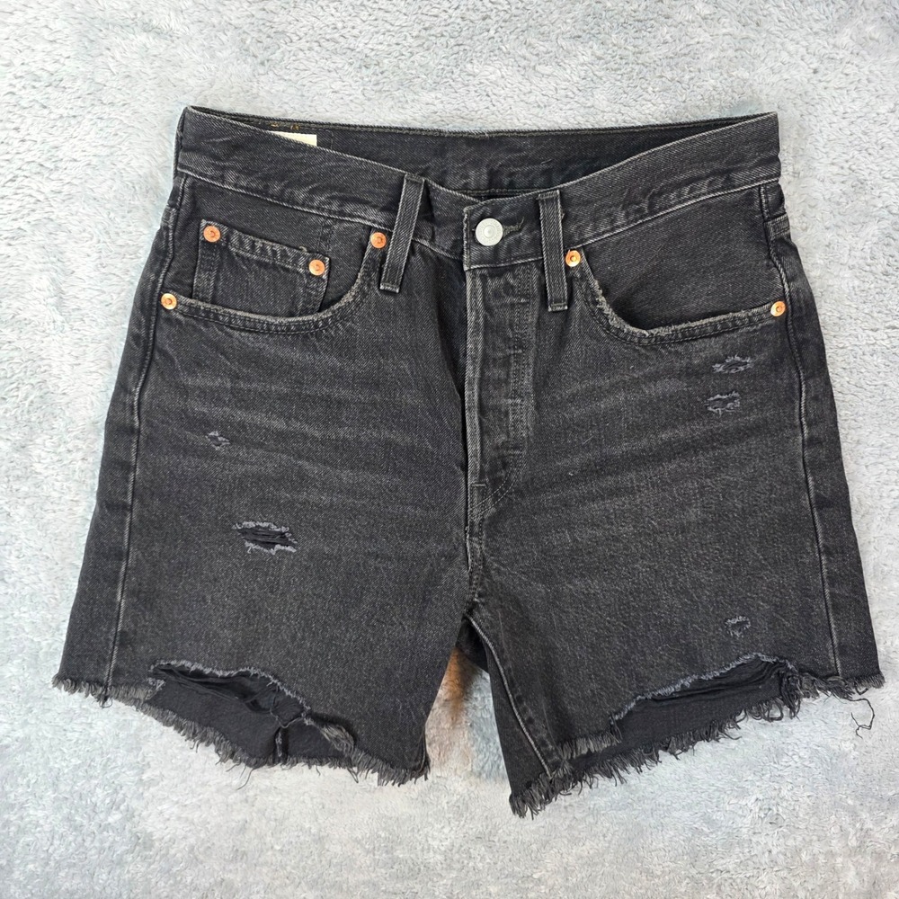 Levis Premium 501 Distressed Raw Hem Denim Shorts Black 26 Womens Vintage Style